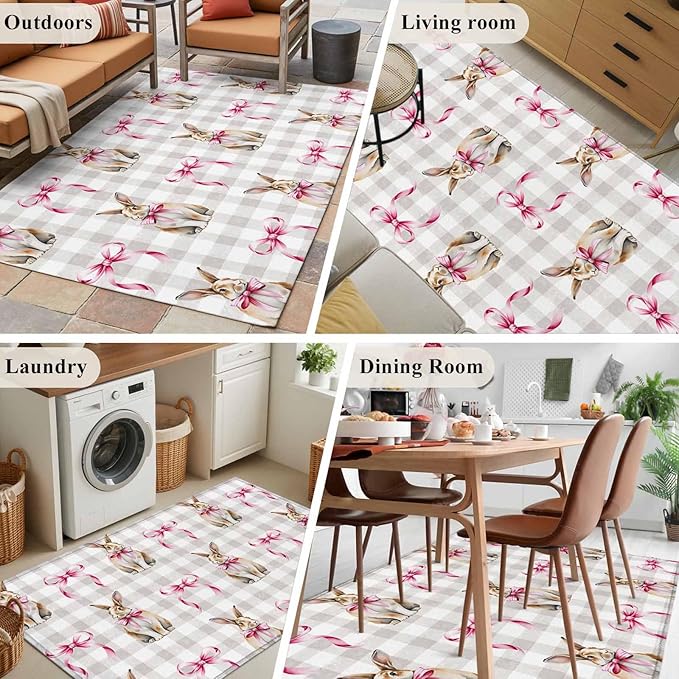 Area Rug 4x6ft, Easter Rabbit Pink Bow Washable Rugs for Living Room Bedroom, Seamless Bunny Gray Buffalo Plaid Soft Non-Slip Area Rugs Rectangle Floor Carpet for Dining Room