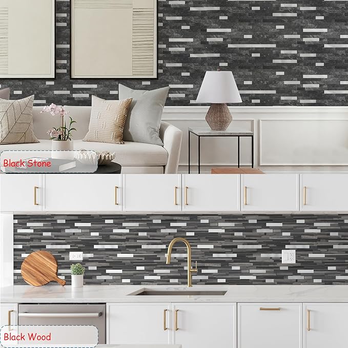 Yipscazo 20 Sheets Peel and Stick Stone Metal Tile Backsplash, Stick on Tiles for Backsplash Kitchen, Bathroom, Laundry Room, Camper, Fireplace (12'' X 12'', Pure Black)