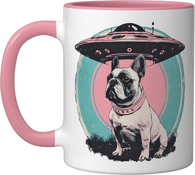Retro UFO French Bulldog Alien Sci Fi Space Ceramic Mug, Pink/White