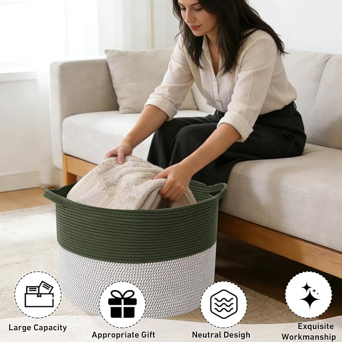 115L Extra Large Blanket Basket,Woven Rope Laundry Basket Hamper with Handles, Decorative Nursery Basket Storage Bin for Toys, Clothes Organizer, Living Room, Bedroom, Bathroom, Green&White