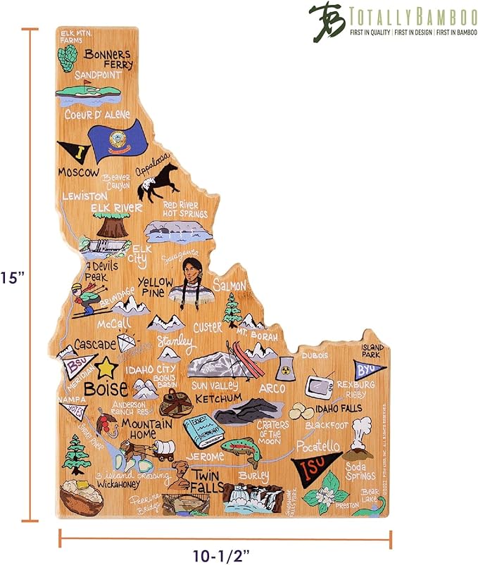 Totally Bamboo Idaho State Shaped Cutting Board and Charcuterie Serving Platter with Artwork by Fish Kiss, Includes Hang Tie for Wall Display