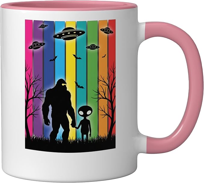 Bigfoot Holding Hands With Alien Ufo Rainbow Sci Fi Ceramic Mug, Pink/White