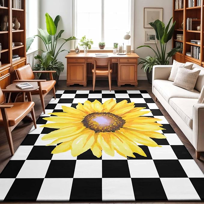 Area Rug 3x5ft, Watercolor Sunflower on Checkered Washable Rugs for Living Room Bedroom, Yellow Black White Soft Non-Slip Area Rugs Rectangle Floor Carpet for Dining Room
