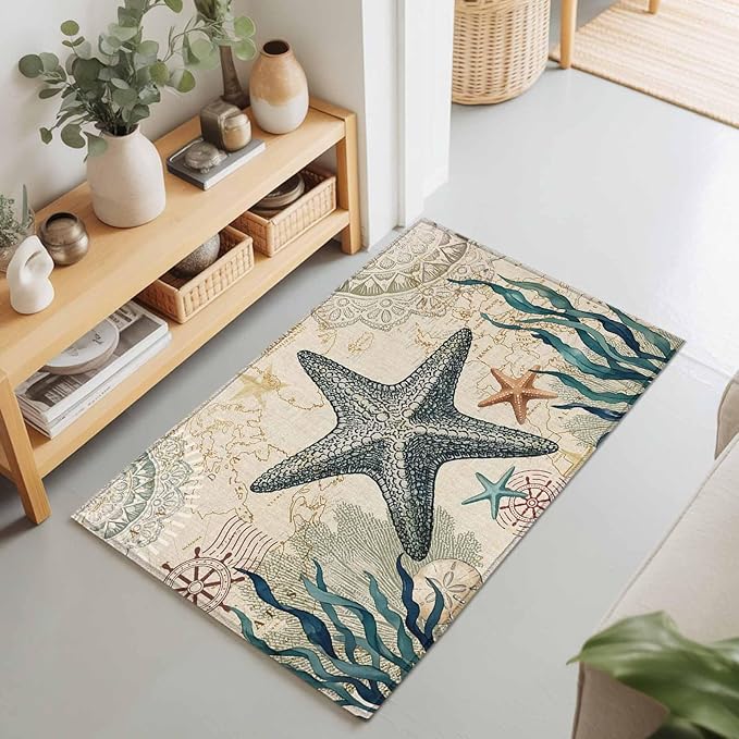 Area Rug 2x3ft, Nautical Starfish Teal Seaweed Starfish Washable Rugs for Living Room Bedroom, Marine Life Soft Non-Slip Area Rugs Rectangle Floor Carpet for Dining Room