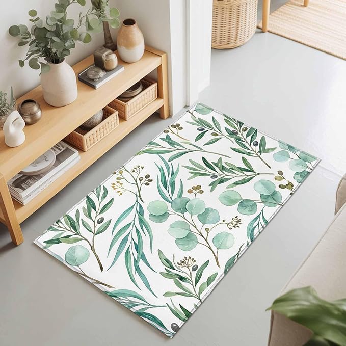 Area Rug 2x3ft, Watercolor Eucalyptus Leaves Washable Rugs for Living Room Bedroom, Spring Green Foliage Branch Soft Non-Slip Area Rugs Rectangle Floor Carpet for Dining Room