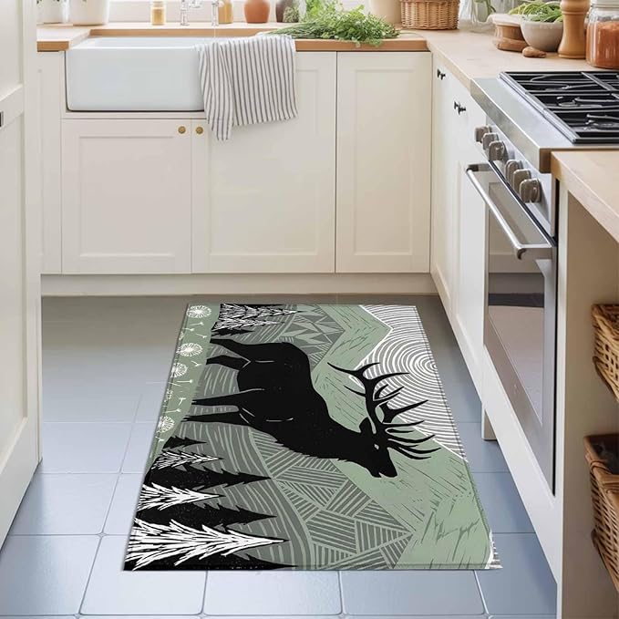Area Rug 2x3ft, Black Wildlife Elk Washable Rugs for Living Room Bedroom, Bohemian Green Mountain Peaks Soft Non-Slip Area Rugs Rectangle Floor Carpet for Dining Room