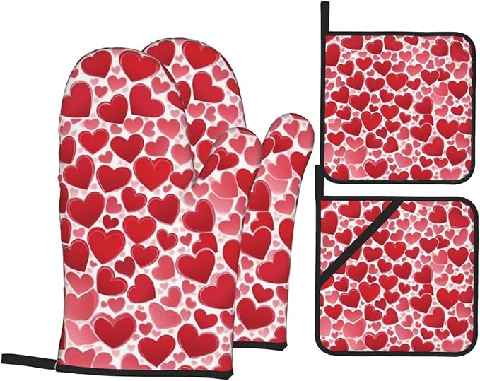 4 Pcs Red Heart Pattern Oven Mitts and Potholders,Kitchen Oven Glove with Pot Holders,Non-Slip Gloves High Heat Resistant 500 Degree for BBQ, Grill, Baking, Cooking, Oven, Microwave