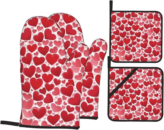 4 Pcs Red Heart Pattern Oven Mitts and Potholders,Kitchen Oven Glove with Pot Holders,Non-Slip Gloves High Heat Resistant 500 Degree for BBQ, Grill, Baking, Cooking, Oven, Microwave