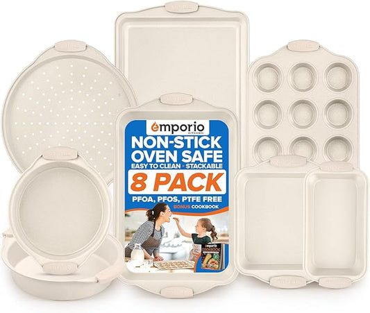 Emporio Kitchen Baking Pan Set - Nonstick Coating, Carbon Steel Bakeware Set with White Silicone Handle, PFOA, PFOS, PTFE Free, Recipe Booklet Included, Oven Safe Tray (Up To 450° F), Set of 8 - White