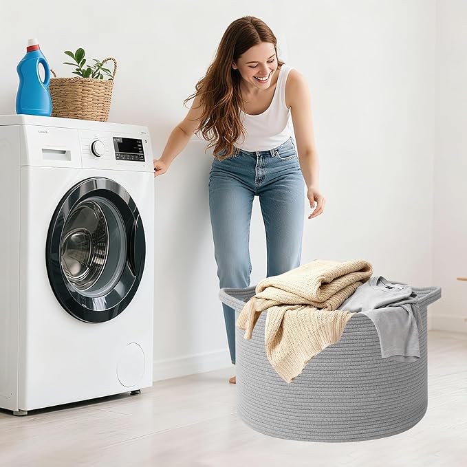 90L Extra Large Blanket Basket,Woven Rope Laundry Basket Hamper with Handles, Decorative Nursery Basket Storage Bin for Toys, Clothes Organizer, Living Room, Bedroom, Bathroom, Light Grey