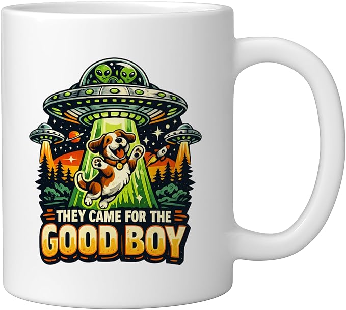 Retro sci-fi dog ufo humor they came for the good boy Ceramic Mug, White