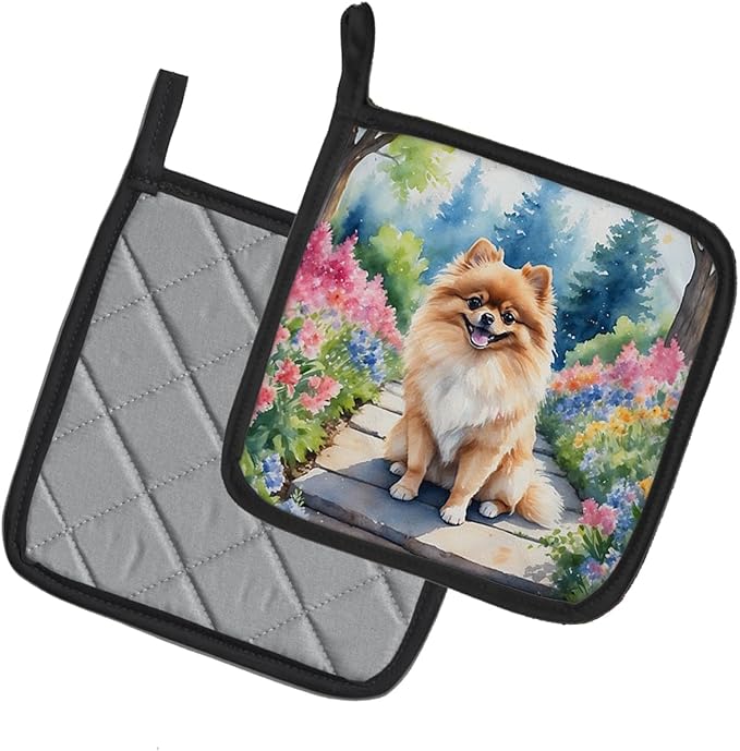 Caroline's Treasures Pomeranian Spring Path Pair of Pot Holders Kitchen Heat Resistant Pot Holders Sets Oven Hot Pads for Cooking Baking BBQ, 7 1/2 x 7 1/2