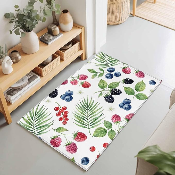 Area Rug 2x3ft, Farm Fruit Berry Cherry Blueberry Washable Rugs for Living Room Bedroom, Watercolor Mulberry Leaves Soft Non-Slip Area Rugs Rectangle Floor Carpet for Dining Room
