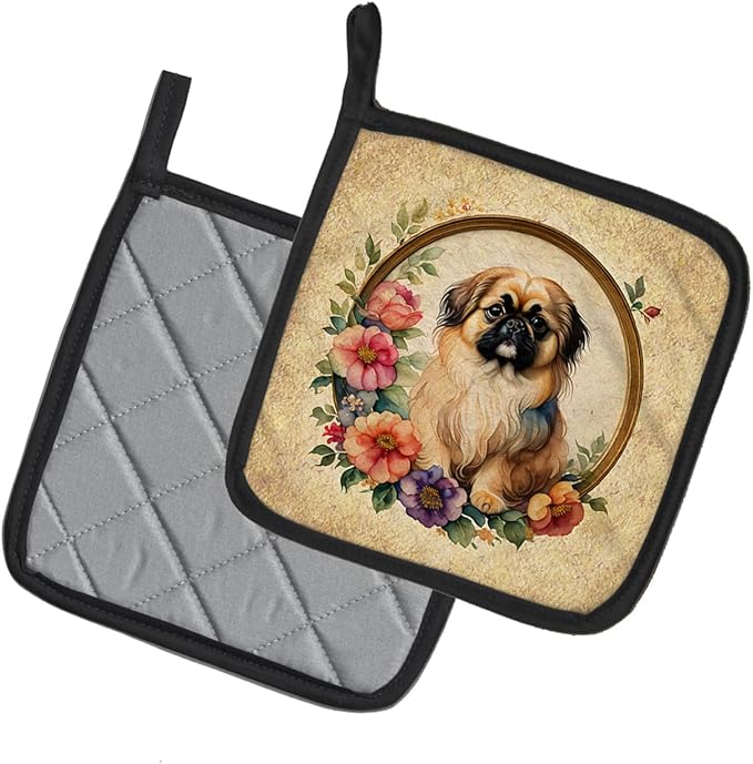 Caroline's Treasures Pekingese and Flowers Pair of Pot Holders Kitchen Heat Resistant Pot Holders Sets Oven Hot Pads for Cooking Baking BBQ, 7 1/2 x 7 1/2