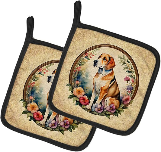 Caroline's Treasures American Foxhound and Flowers Pair of Pot Holders Kitchen Heat Resistant Pot Holders Sets Oven Hot Pads for Cooking Baking BBQ, 7 1/2 x 7 1/2