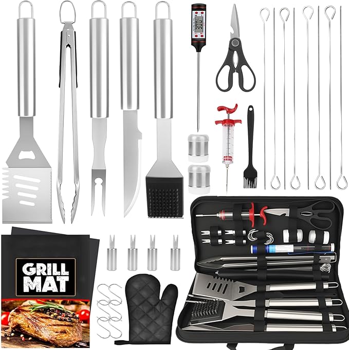 BBQ Grill Accessories, 32Pcs Grilling Gifts for Men Birthday Fathers Day, Heavy Duty Stainless Steel Grill Tool Set, Grill Utensils Kit for Outdoor Grill with Case, Thermometer & Meat Injector