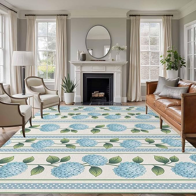 Area Rug 8x10ft, Spring Blue Flower Hydrangea Leaf Washable Rugs for Living Room Bedroom, Floral Stripes on Linen Soft Non-Slip Area Rugs Rectangle Floor Carpet for Dining Room