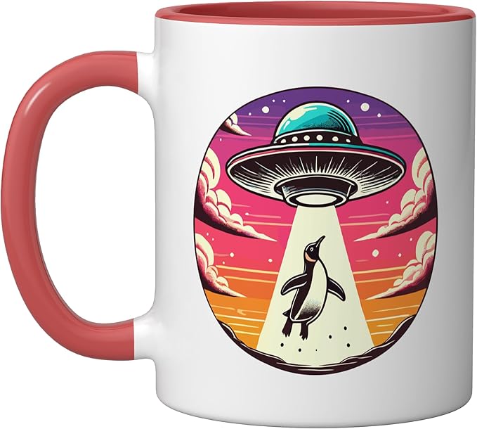 Penguin Abducted Alien Spacecraft Outer Space Abduction Ceramic Mug, Red/White