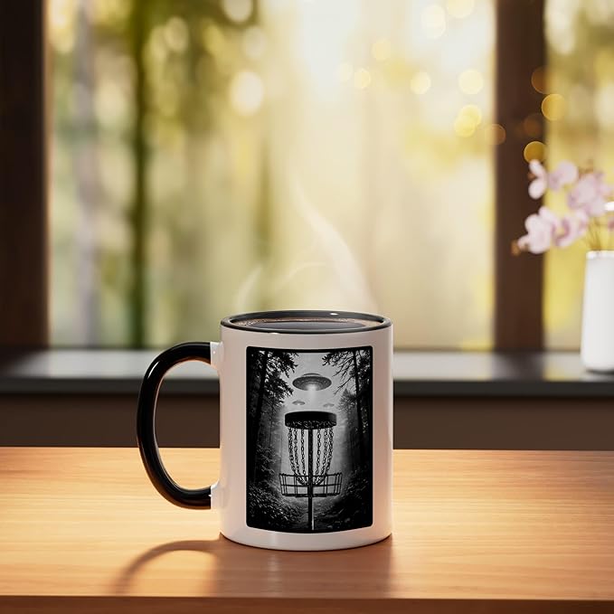 Disc Golf Basket UFO Selfie Funny Alien Wooded Hole Course Ceramic Mug, Black/White