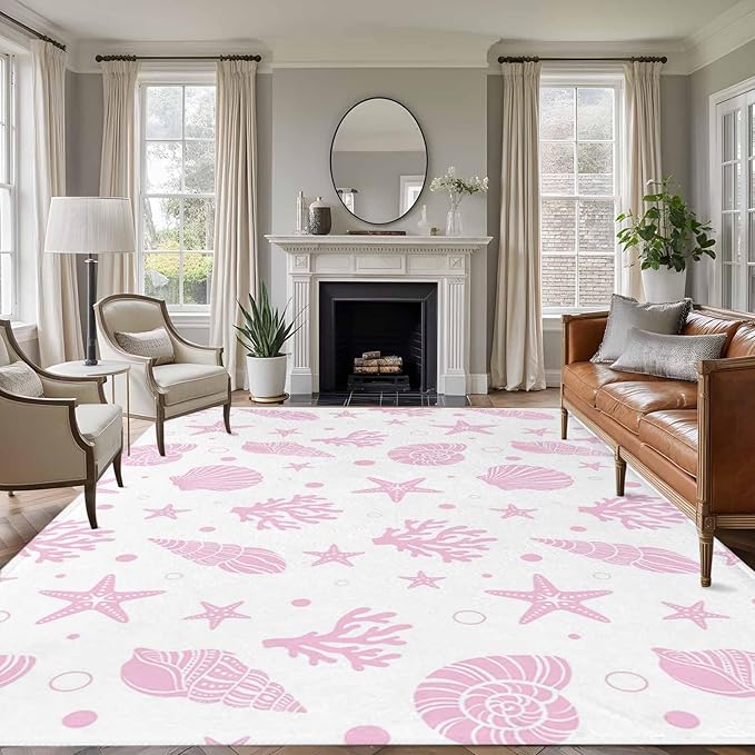 Area Rug 8x10ft, Pink Ocean Shell Conch Coral Starfish Washable Rugs for Living Room Bedroom, Summer Marine Theme Soft Non-Slip Area Rugs Rectangle Floor Carpet for Dining Room