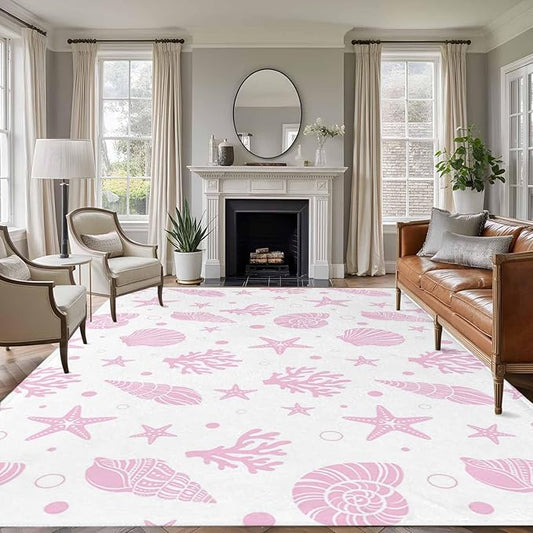 Area Rug 8x10ft, Pink Ocean Shell Conch Coral Starfish Washable Rugs for Living Room Bedroom, Summer Marine Theme Soft Non-Slip Area Rugs Rectangle Floor Carpet for Dining Room