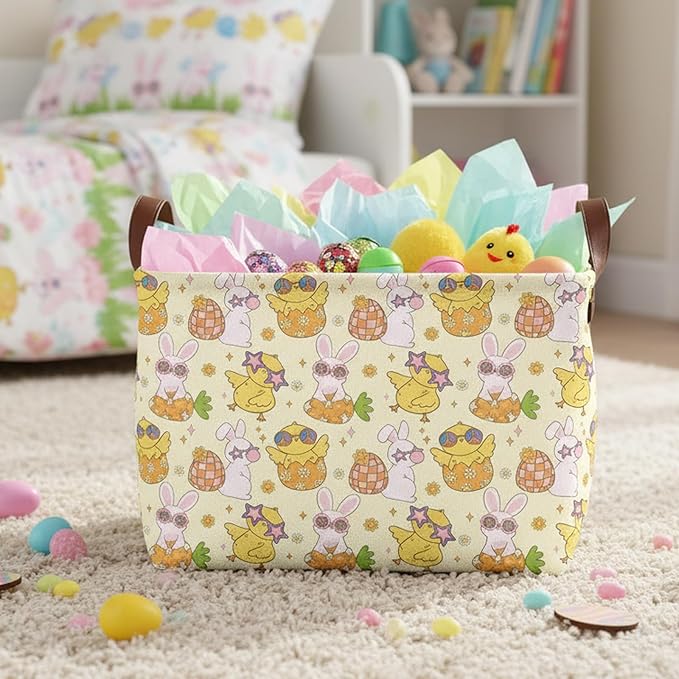 Large Rectangular Cute Kid Easter Basket Empty Bunny Eggs Easter Basket Gift Spring Room Storage Organizer Décor (E-11)