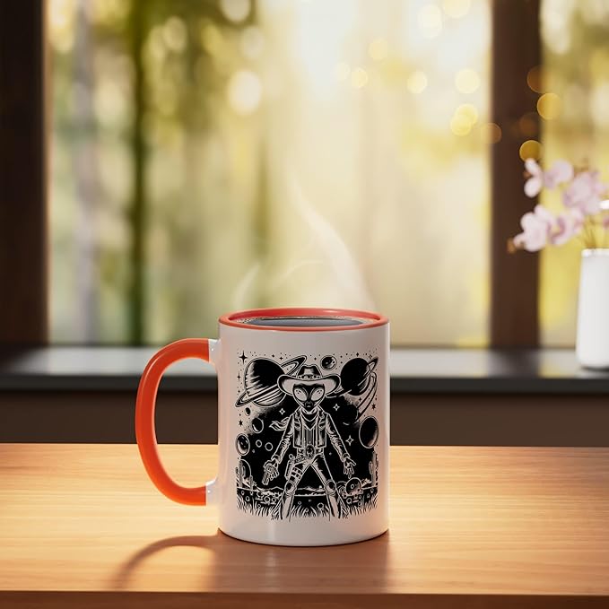 Alien Lover Flying Saucer UFO Extraterrestrial Cowboy Ceramic Mug, Orange/White