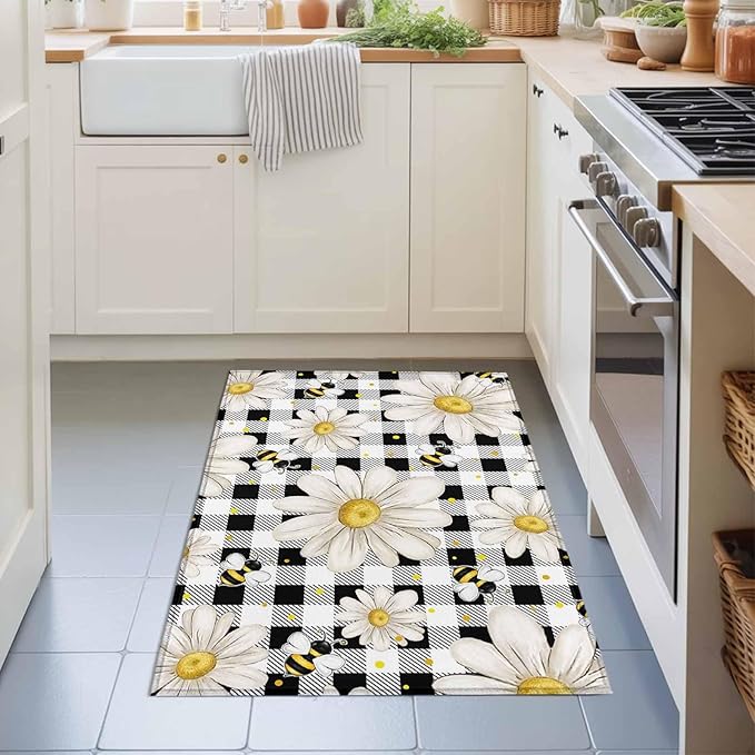 Area Rug 2x3ft, Farmhouse Blossom Flower Bee Washable Rugs for Living Room Bedroom, Spring Daisy Black White Plaid Soft Non-Slip Area Rugs Rectangle Floor Carpet for Dining Room