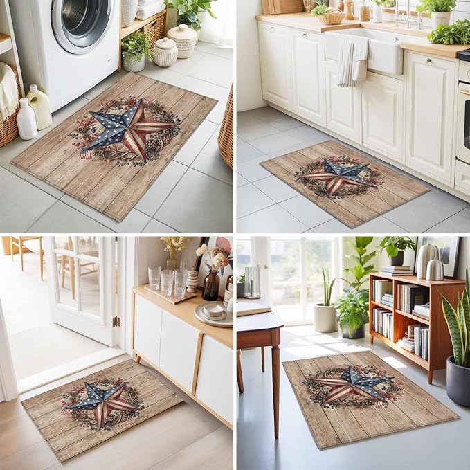 Area Rug 2x3ft, Independence Day USA Flag Star Washable Rugs for Living Room Bedroom, Farm Wood Background Soft Non-Slip Area Rugs Rectangle Floor Carpet for Dining Room