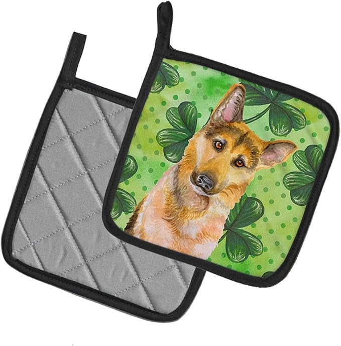 Caroline's Treasures BB9885PTHD German Shepherd #2 St Patrick's Pair of Pot Holders, Green Kitchen Heat Resistant Pot Holders Sets Oven Hot Pads for Cooking Baking BBQ, 7 1/2 x 7 1/2