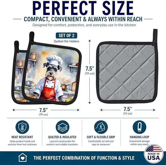 Caroline's Treasures Schnauzer The Chef Pair of Pot Holders Kitchen Heat Resistant Pot Holders Sets Oven Hot Pads for Cooking Baking BBQ, 7 1/2 x 7 1/2