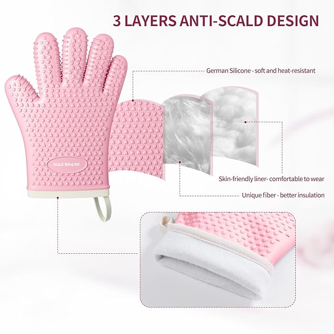 MAD SHARK Silicone Oven Mitts Heat Resistant 450°F,Waterproof & Non-Slip Oven Gloves with Fingers,Cotton Lined Silicone Oven Gloves Kitchen Mitts for Baking Cooking Barbecue,Women (Pink)