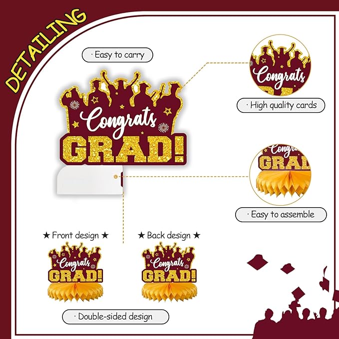 2026 Graduation Party Decorations - 8 Pcs Maroon Gold Class of 2026 Graduation Party Table Decor Honeycomb Centerpieces for Tables Congratulate for 2026 Congrats Grad Party Supplies