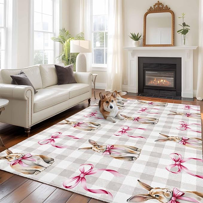 Area Rug 6x9ft, Easter Rabbit Pink Bow Washable Rugs for Living Room Bedroom, Seamless Bunny Gray Buffalo Plaid Soft Non-Slip Area Rugs Rectangle Floor Carpet for Dining Room