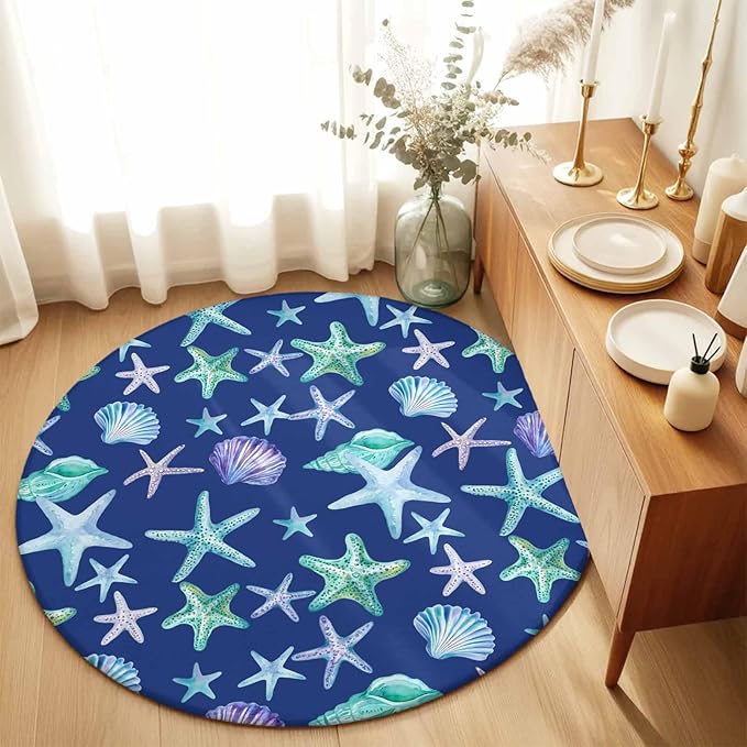 Washable Round Area Rug Summer Starfish Shell Conch Circle Rugs Floor Carpet for Living Room Bedroom, Marine Creature on Blue Soft Non Slip Round Rug 5ft