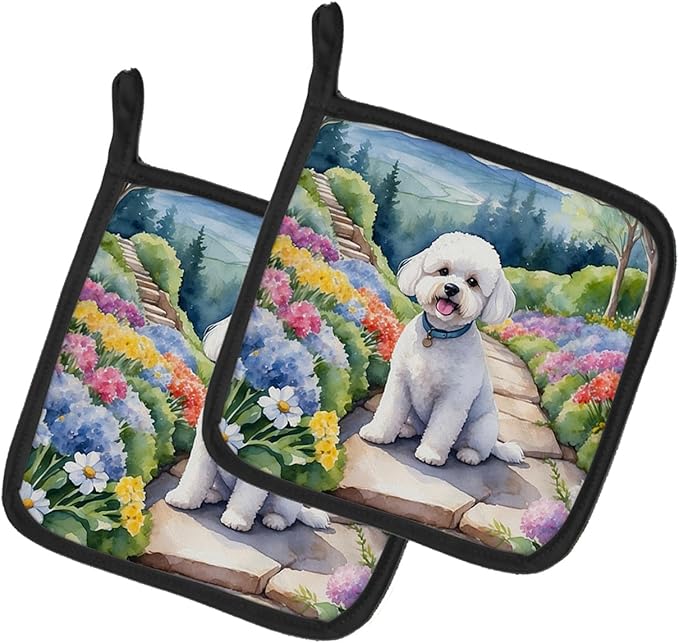 Caroline's Treasures Bichon Frise Spring Path Pair of Pot Holders Kitchen Heat Resistant Pot Holders Sets Oven Hot Pads for Cooking Baking BBQ, 7 1/2 x 7 1/2