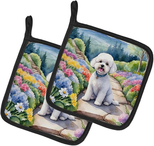 Caroline's Treasures Bichon Frise Spring Path Pair of Pot Holders Kitchen Heat Resistant Pot Holders Sets Oven Hot Pads for Cooking Baking BBQ, 7 1/2 x 7 1/2
