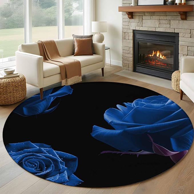 Washable Round Area Rug Abstract Garden Blue Rose Circle Rugs Floor Carpet for Living Room Bedroom, Classic Country Floral Soft Non Slip Round Rug 5ft
