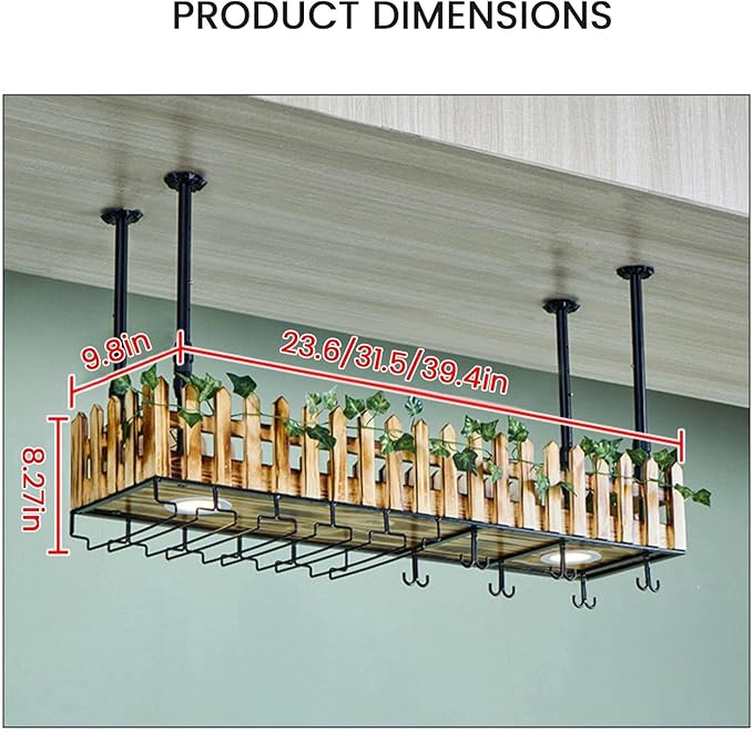 Ceiling Wine Rack Wall Mounted with Wine Glass Rack, 2-Tier Liquor Bar Bottles Display Shelf with LED Light Cups Hanging Holder for Dining Room Kitchen Living Room(Hanging,31.5x9.8x8.27in)