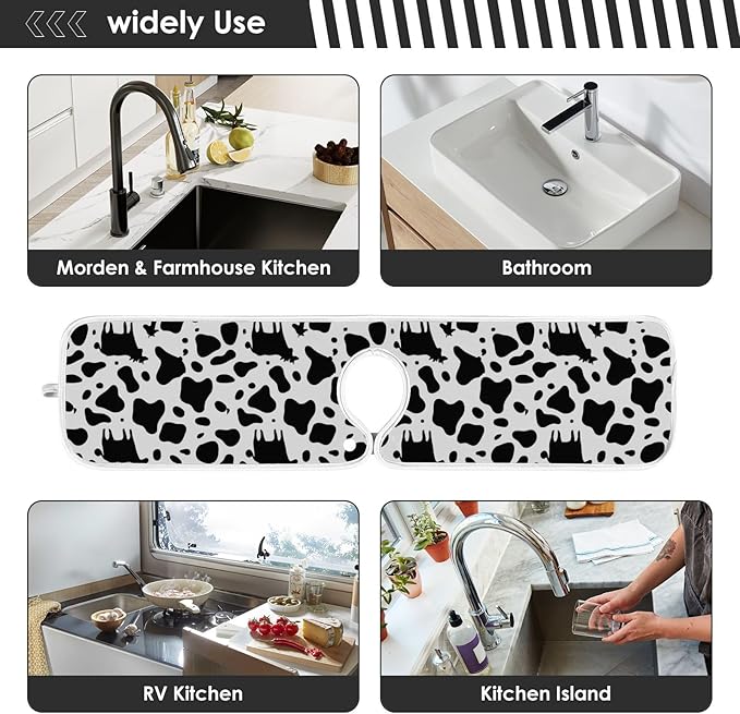 Kitchen Faucet Absorbent Mat,Cow Print Water Splash Guard for Sink, Faucet Drip Catcher Thicken Sponge Microfiber Faucet Water Catcher Mat Sink Absorbent Mat for Kitchen 14x5in 2 Pack