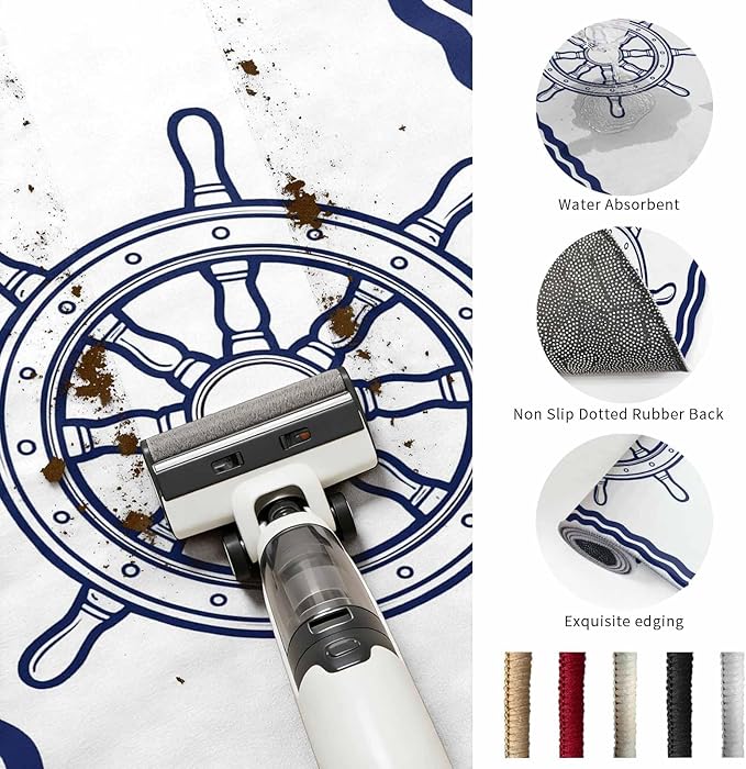 Washable Round Area Rug Summer Marine Nautical Ship Rudder Circle Rugs Floor Carpet for Living Room Bedroom, Ocean Theme Navy Blue White Soft Non Slip Round Rug 3ft