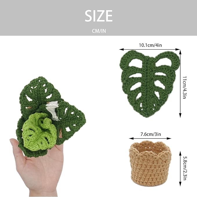 DICHA Monstera Crochet Coasters with Plant Pot-Container Beverage Coaster Sets with Holder Bar Coasters for Drinks Coffee Table Desk-Succulent Plant Pot Coaster-Set of 5