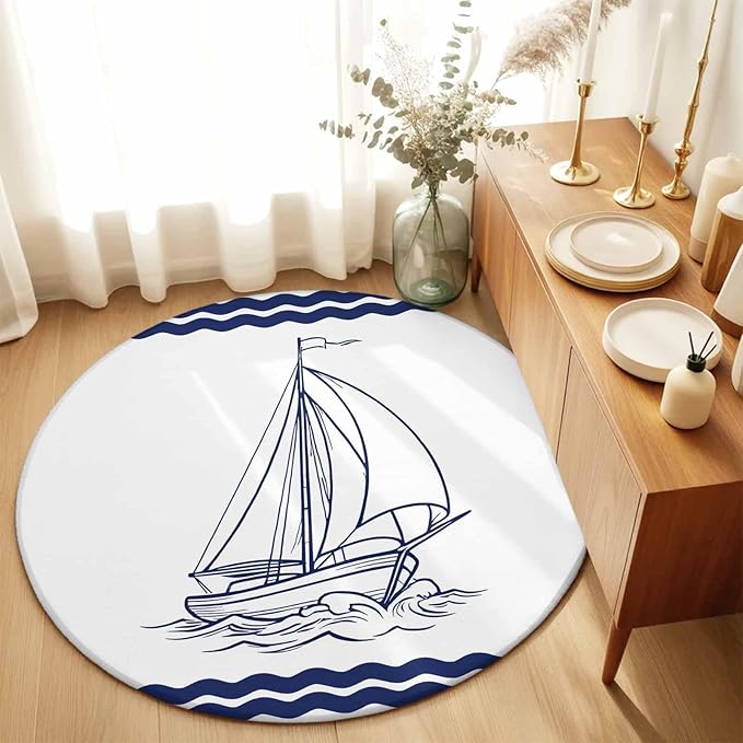Washable Round Area Rug Summer Ocean Nautical Sailboat Circle Rugs Floor Carpet for Living Room Bedroom, Marine Theme Navy Blue Stripe Soft Non Slip Round Rug 5ft
