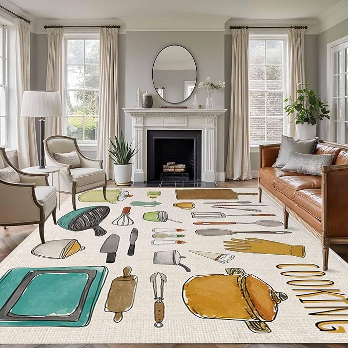 Cooking Kitchenware Kitchen Tool Pattern Rectangle Rugs 5x7ft for Living Room Washable Circle Rug Non-Slip Carpet Soft Mat for Bedroom Dining Room Bathroom Home Holiday Decorations Indoor