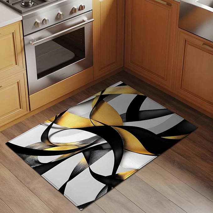 Area Rug 2x3ft, Modern Geometric Stripe Texture Washable Rugs for Living Room Bedroom, Abstract Gold Black White Line Soft Non-Slip Area Rugs Rectangle Floor Carpet for Dining Room
