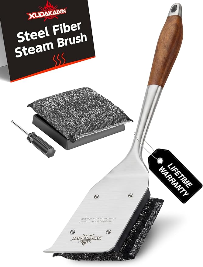 XUDKAKAIXIN Grill Brush Bristle Free,No Bristle Shedding,with 2 Replacement Head,Unique Steel Fibers Pad Perfect for Cast Iron/Stainless-Steel Grates-,Grill Cleaner for Outdoor Gril