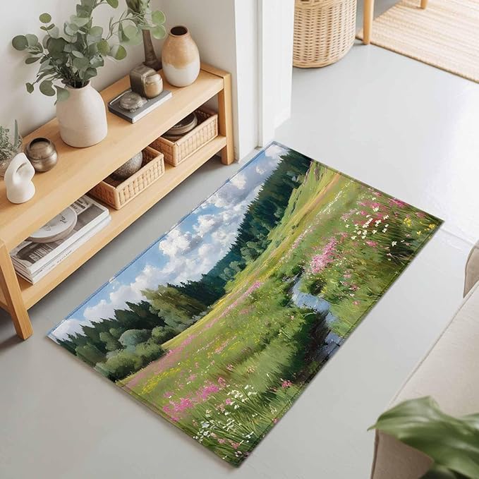 Area Rug 2x3ft, Watercolor Flowers Leaves Forest Meadow Washable Rugs for Living Room Bedroom, Oil Paint Texture Soft Non-Slip Area Rugs Rectangle Floor Carpet for Dining Room