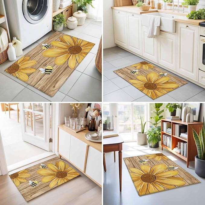 Area Rug 2x3ft, Summer Yellow Bee Blossom Flower Washable Rugs for Living Room Bedroom, Retro Rustic Brown Wood Board Soft Non-Slip Area Rugs Rectangle Floor Carpet for Dining Room