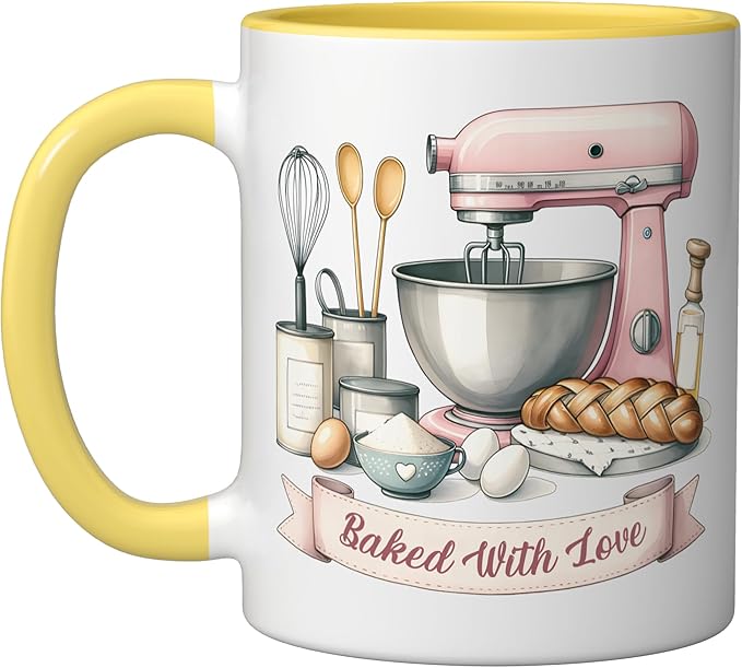 Baker Women Mom Wife Funny Baking Humor Bake Love Mama Girl Ceramic Mug, Yellow/White