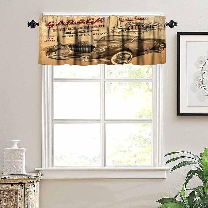 Vintage Car Valance Curtain Nostalgic Car Garage Service Repair Store Phrase Dated Rod Pocket Valance Window Treatments Short Curtains for Kitchen Living Room 54x18inch